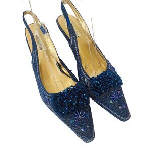 JohnFashion Blue Metallic Beaded Slingback Kitten Heels Pointed Toe Pumps Size 9